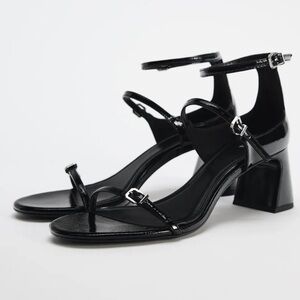 Zara Faux Patent Finish Block Sandals Black Size 8-8.5
